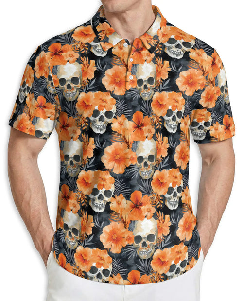 Orange Skull 3D Polo Shirt for Men – Tropical Floral & Skull Print | Azhobbyshop