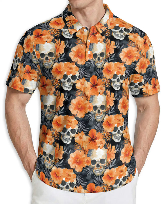 Orange Skull 3D Polo Shirt for Men – Tropical Floral & Skull Print | Azhobbyshop