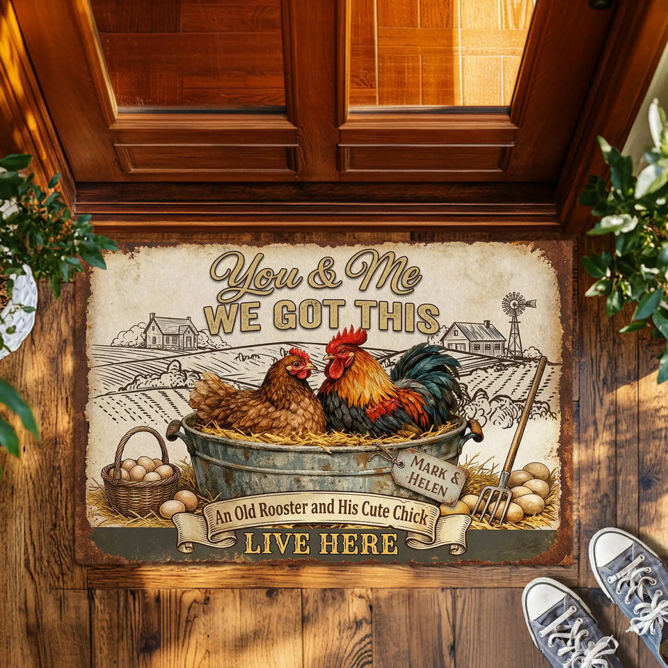 Personalized Rooster & Hen Couple Doormat – Custom Names Farm Mat