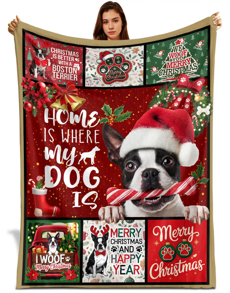 Boston Terrier Christmas Blanket – Dog Lover Holiday Patchwork Throw