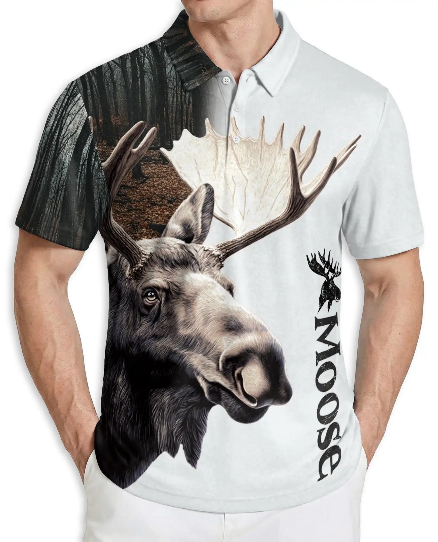 Moose Forest Polo Shirt – Wildlife Elk Graphic Nature Print | Azhobbyshop