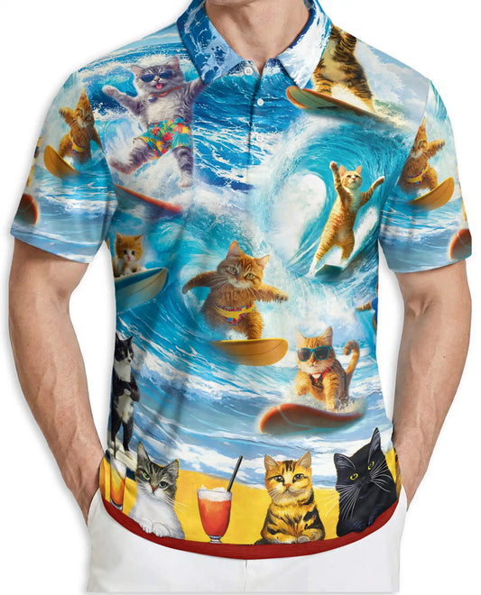 Surfing Cat Polo Shirt- Funny Beach Cat Surf Print Summer Shirt | Azhobbyshop