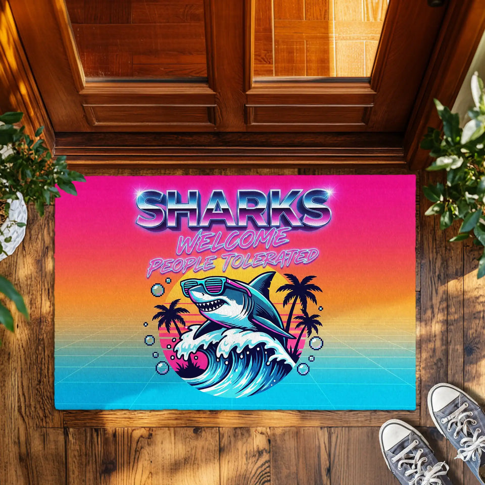 Retro Shark Doormat – Neon Sunset Shark Welcome Mat