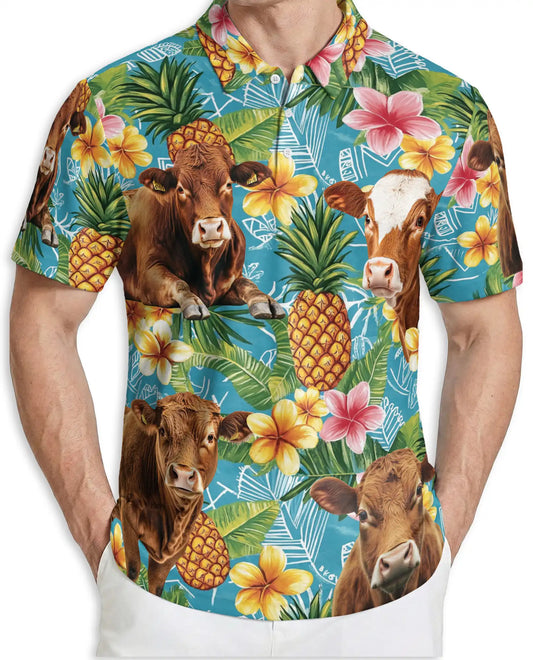 Cow Tropical Pineapple 3D Polo Shirt for Men – Farm Animal Hawaiian Style | Azhobbyshop
