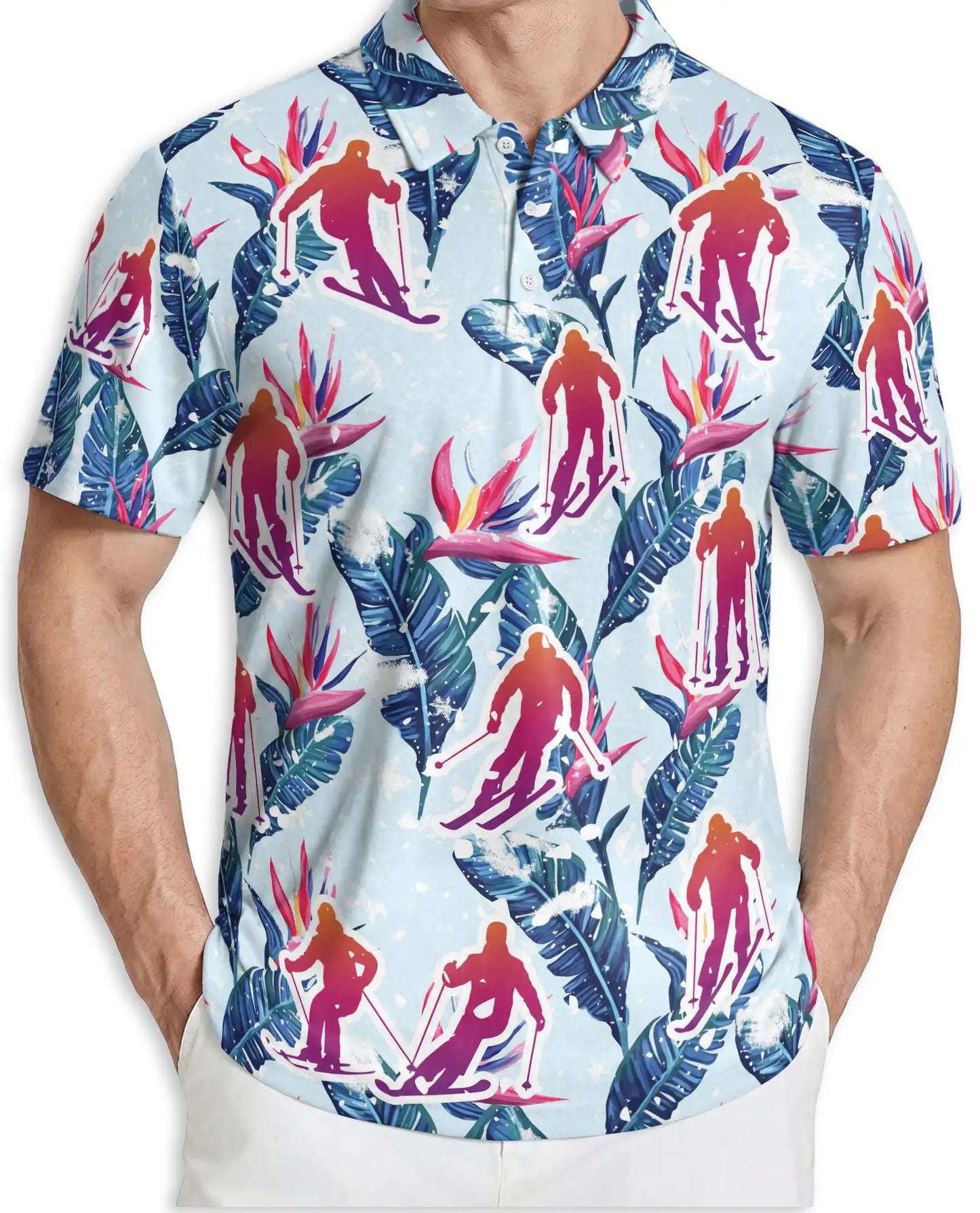 Skiing Tropical 3D Polo Shirt for Men – Floral Winter Vacation Style | Azhobbyshop