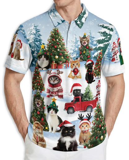 Cat Christmas Santa Polo Shirt – Cute Kitten Holiday Tree Snow 3D Print | Azhobbyshop
