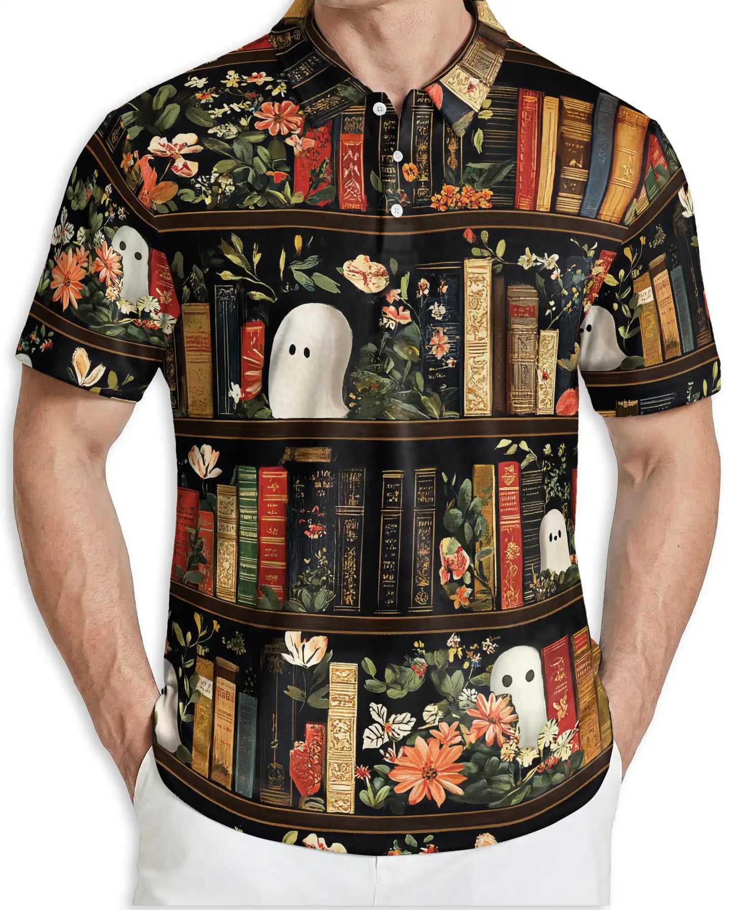 Library Ghost 3D Polo Shirt for Men – Spooky Book Lover Style | Azhobbyshop