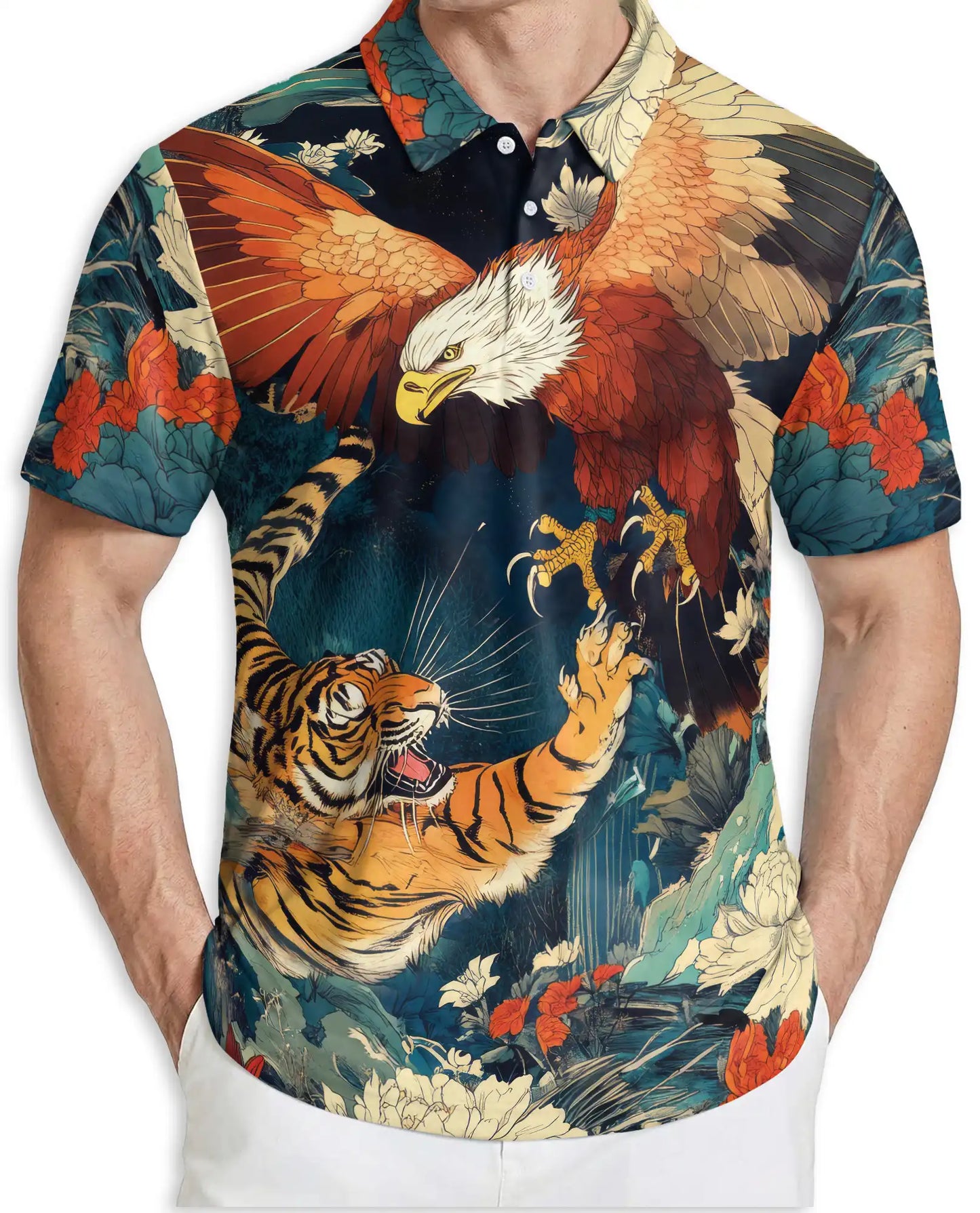 Tiger and Eagle Polo Shirt- Japanese Style Powerful Animal Design | Azhobbyshop