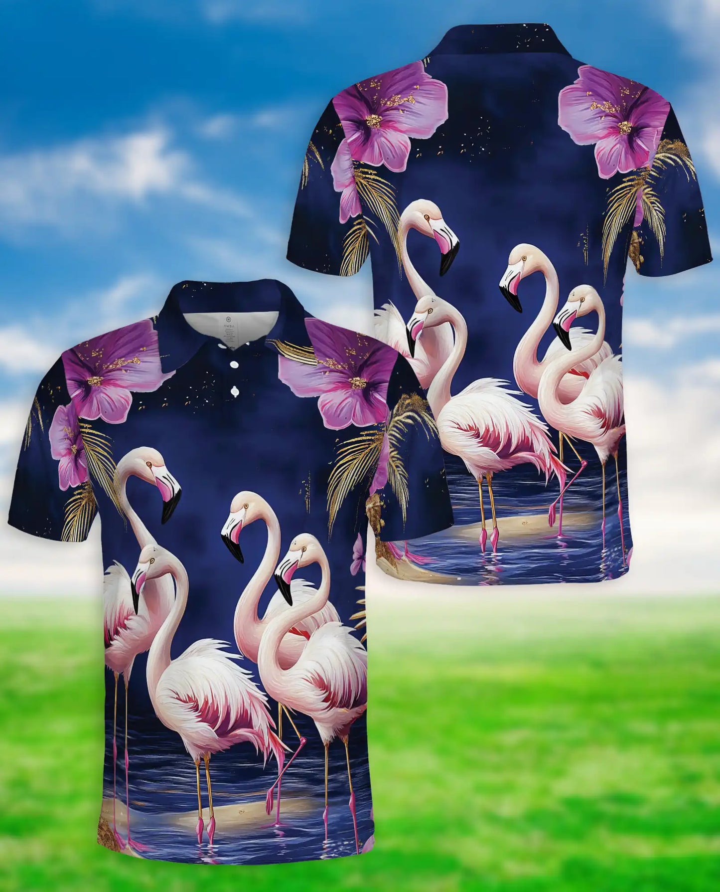 Flamingo Night 3D Polo Shirt for Men – Tropical Birds & Floral Print | Azhobbyshop