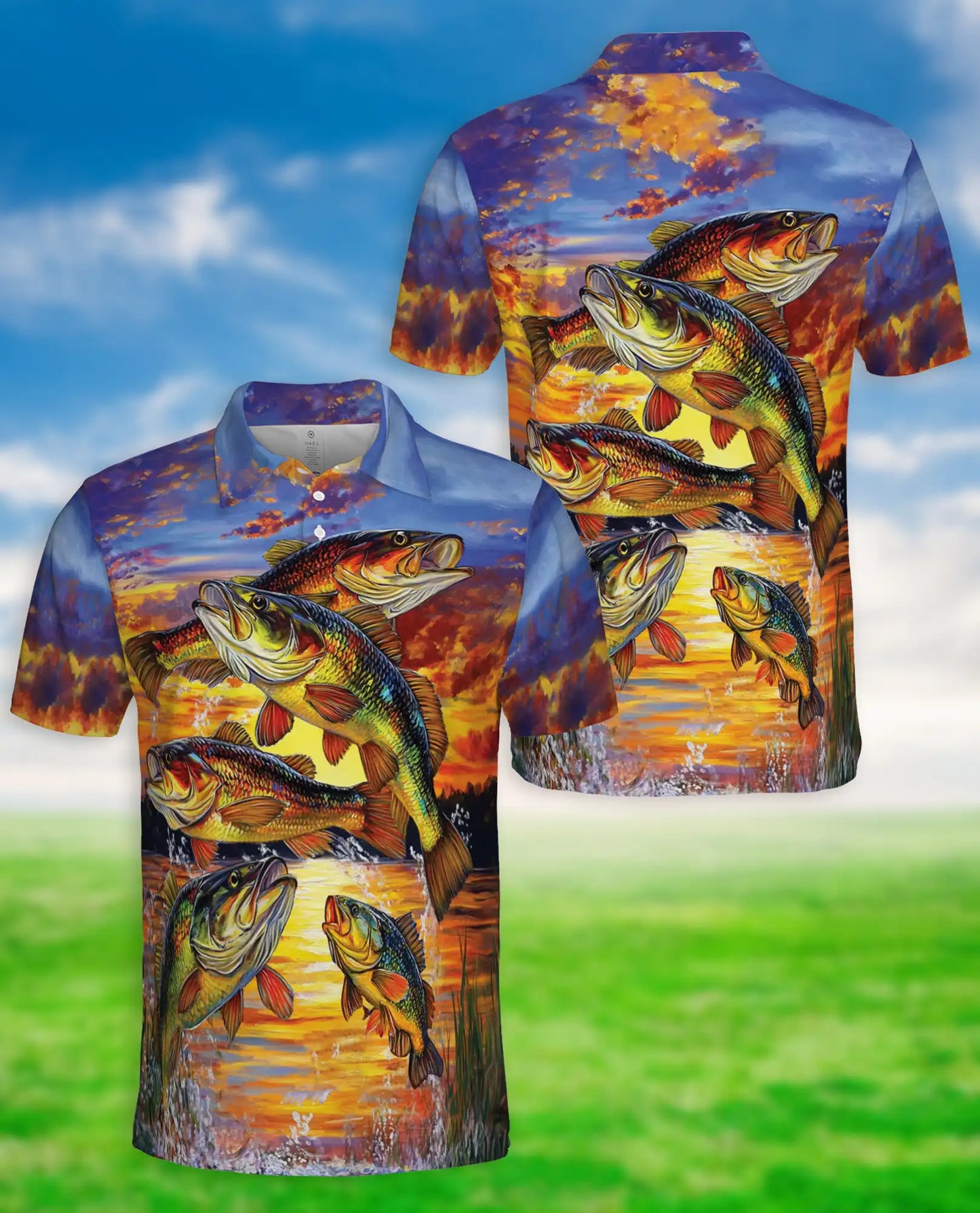 Bass Fishing Sunset 3D Polo Shirt for Men – Lake Fishing Art Print | Azhobbyshop