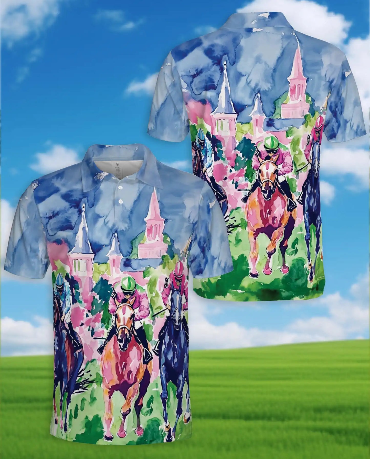 Horse Racing Watercolor 3D Polo Shirt for Men – Jockey Derby Art Style | Azhobbyshop