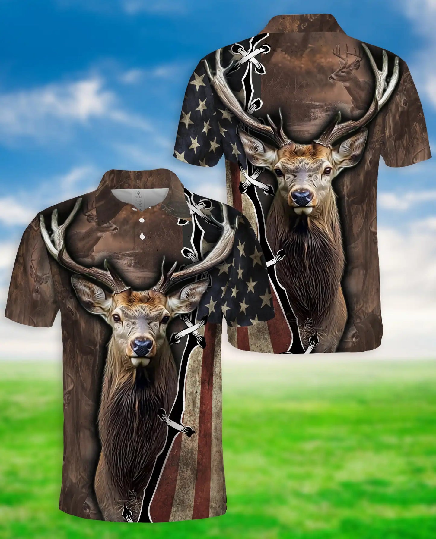 Deer Hunting Polo Shirt- American Flag Hunter Outdoor Style | Azhobbyshop