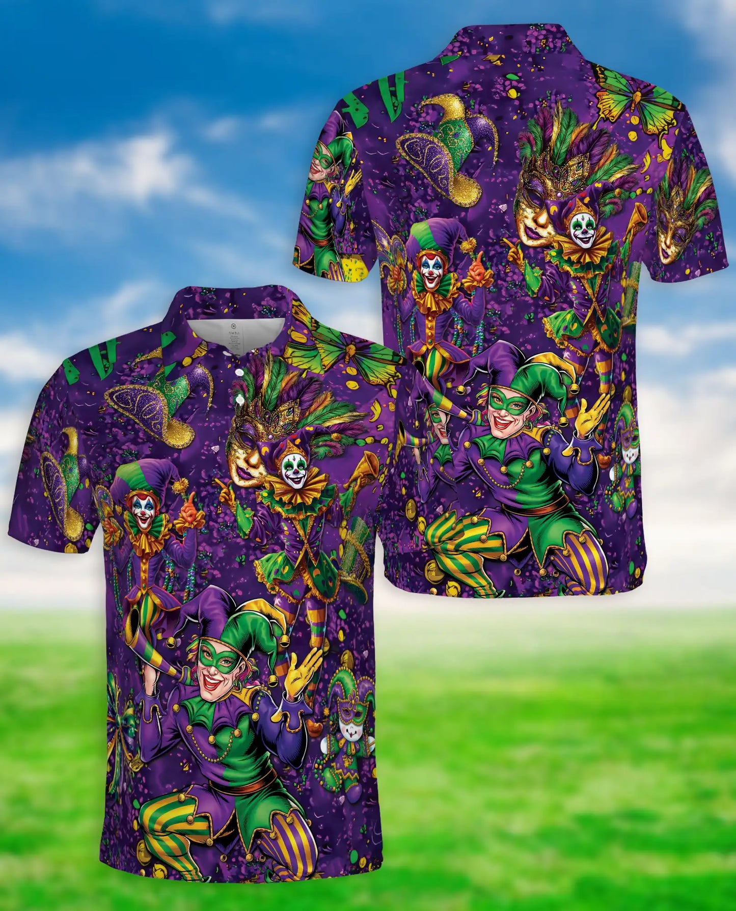 Mardi Gras Jester Mask Purple Green Polo Shirt | Azhobbyshop