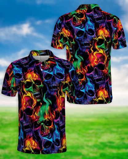Flaming Skull Polo Shirt – Neon Gothic 3D Skull Graphic Tee | Azhobbyshop