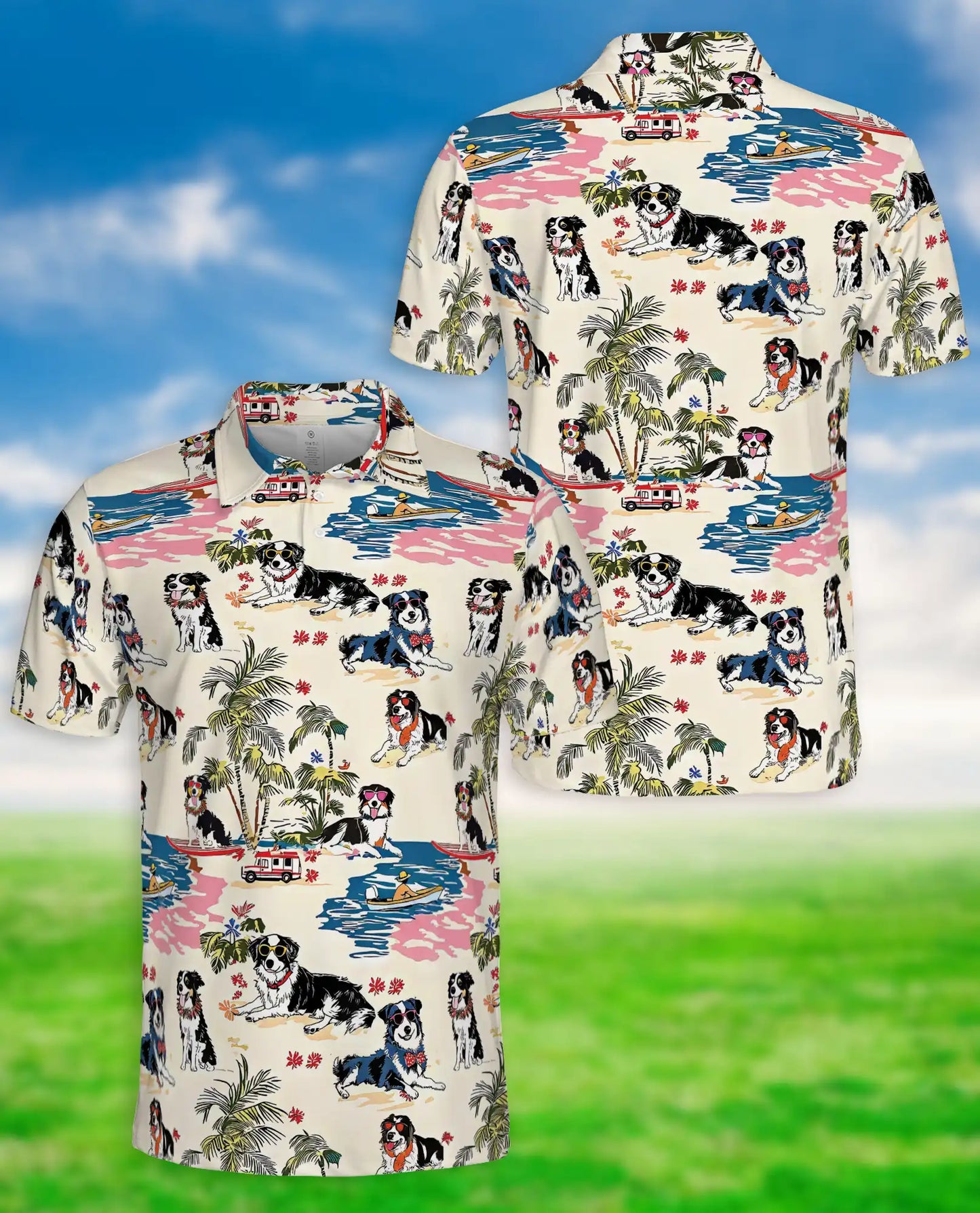 Border Collie Hawaiian 3D Polo Shirt for Men – Tropical Dog Beach Style | Azhobbyshop