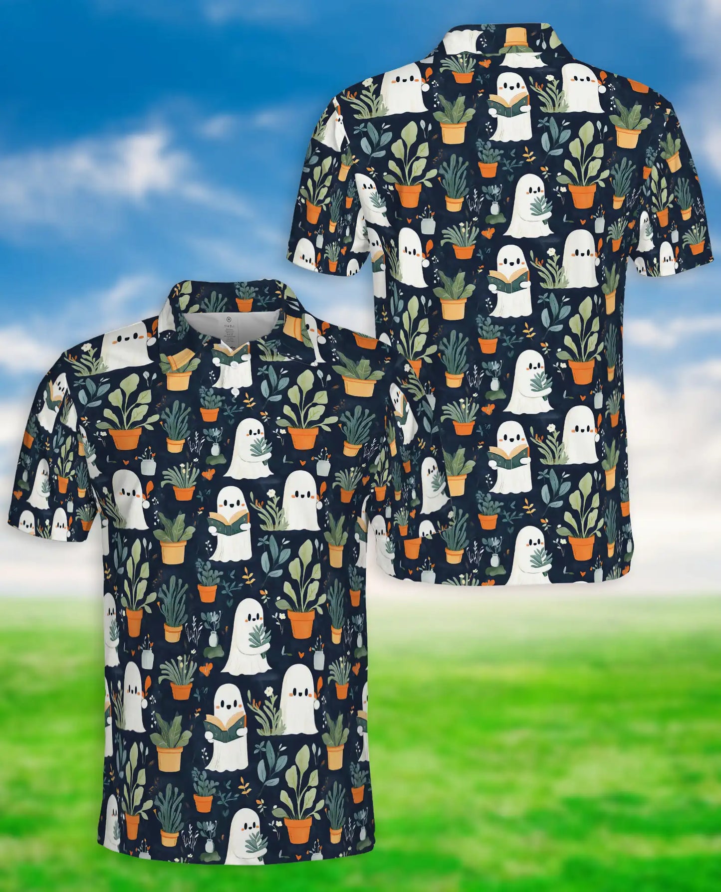 Cute Ghost Plant Polo Shirt for Men – Funny Halloween Garden Style | Azhobbyshop