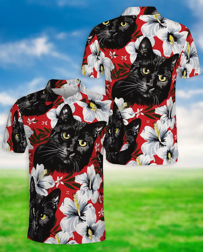 Black Cat Polo Shirt – Red Hibiscus Tropical Floral 3D Print | Azhobbyshop