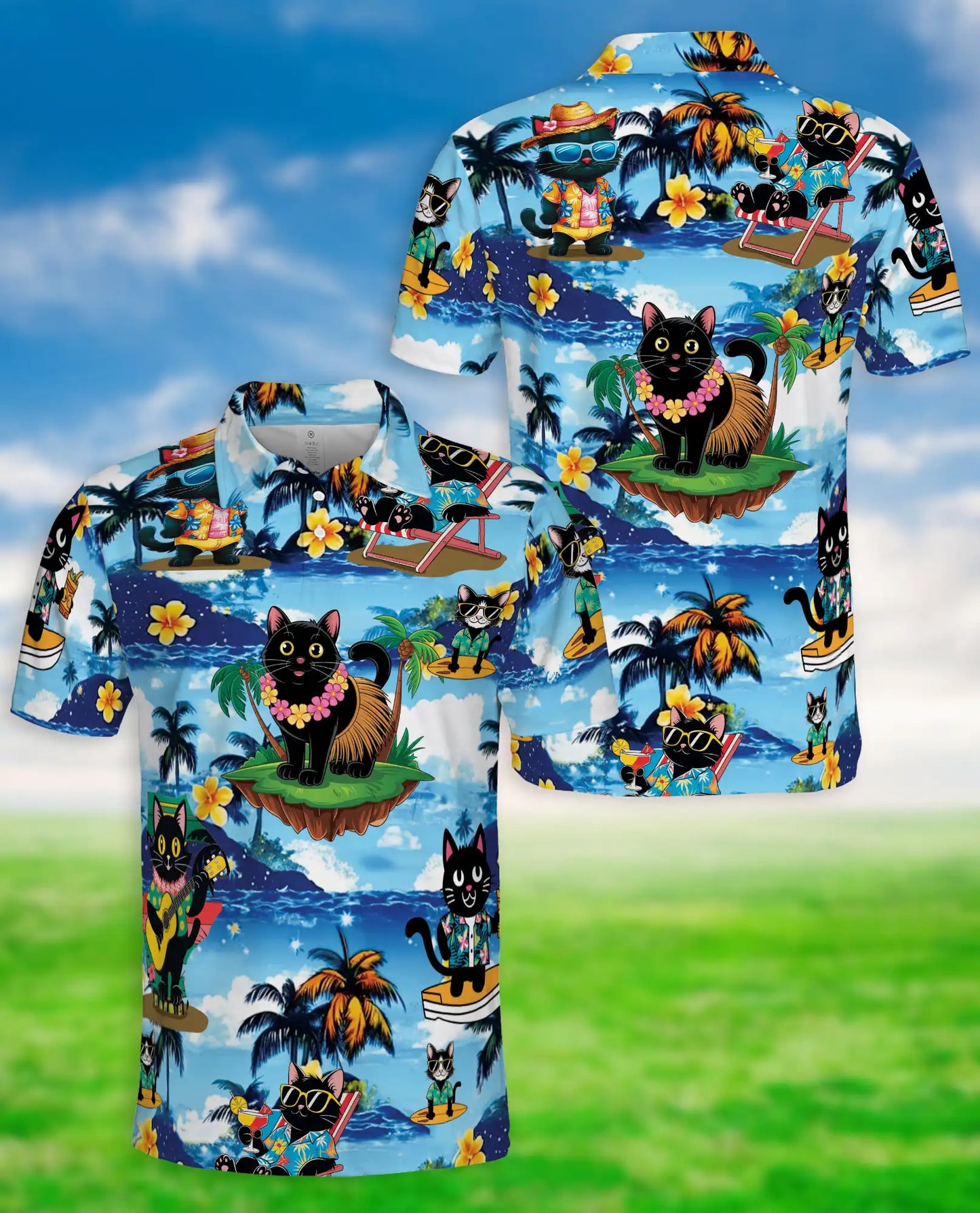 Black Cat Hawaiian 3D Polo Shirt for Men – Tropical Beach Cat Style | Azhobbyshop