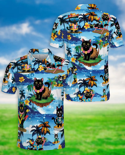 Black Cat Hawaiian 3D Polo Shirt for Men – Tropical Beach Cat Style | Azhobbyshop