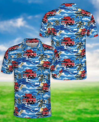 Fire Truck Hawaiian 3D Polo Shirt for Men – Tropical Firefighter Style | Azhobbyshop