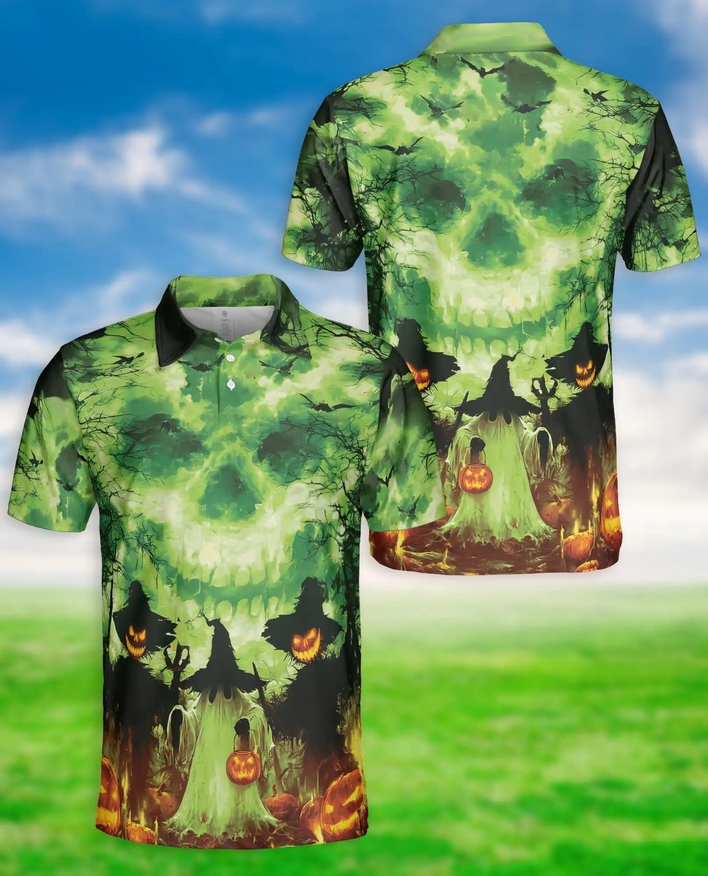 Halloween Ghost Skull 3D Polo Shirt for Men – Spooky Pumpkin Night Design | Azhobbyshop