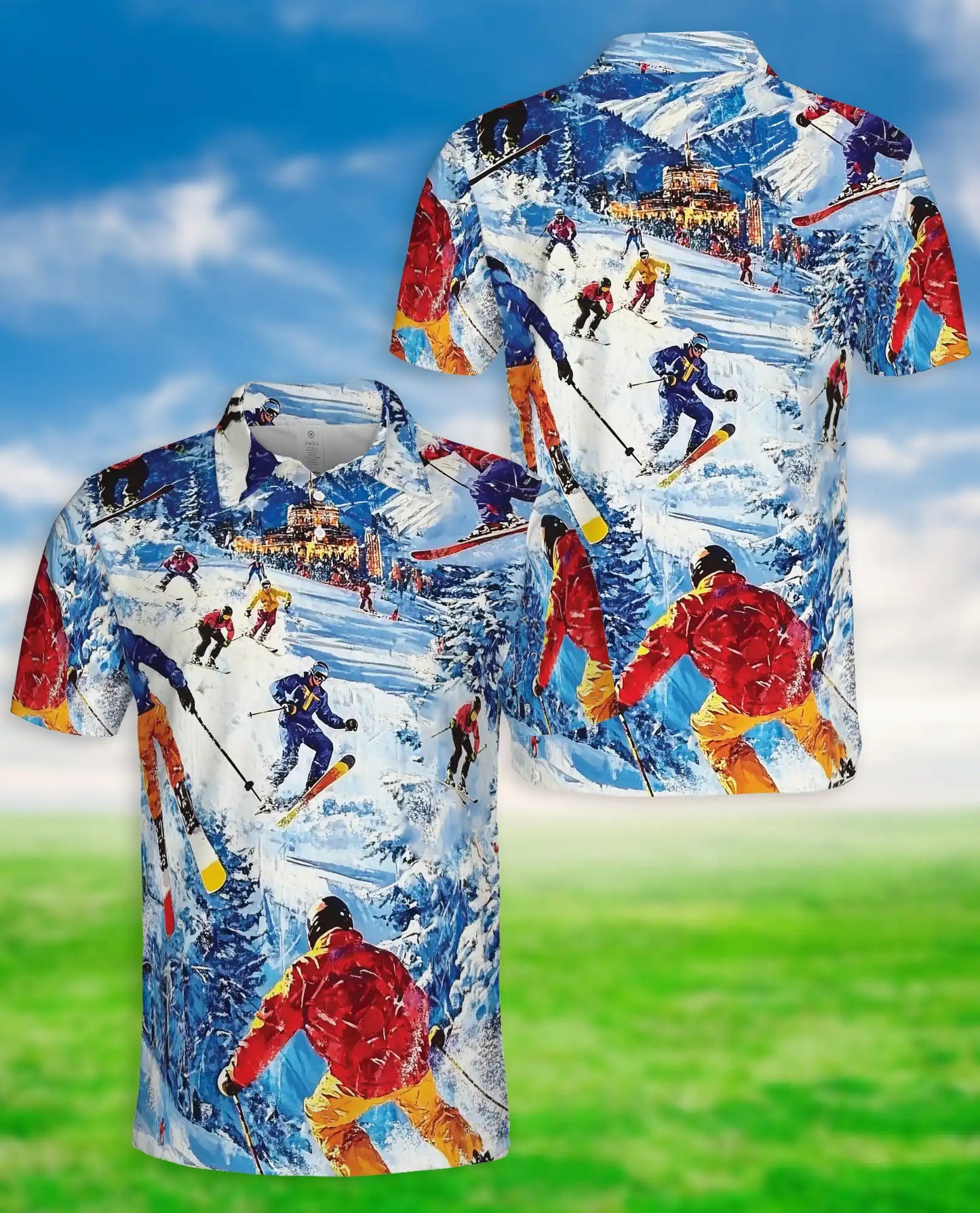 Skiing 3D Polo Shirt for Men – Colorful Winter Mountain Style | Azhobbyshop