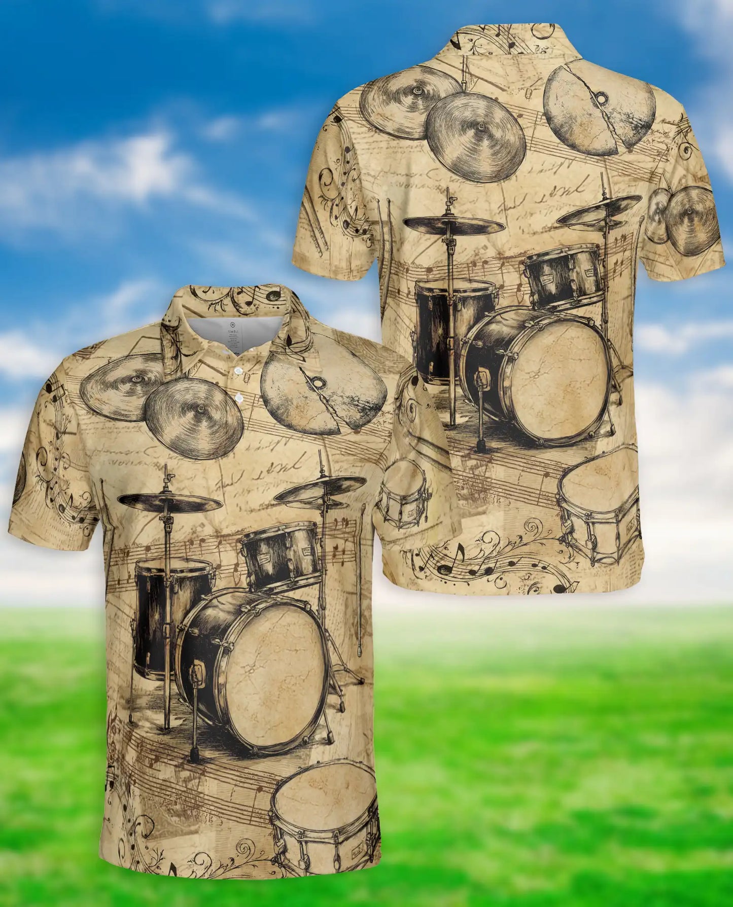 Drum Set 3D Polo Shirt for Men – Vintage Musician Drummer Style | Azhobbyshop