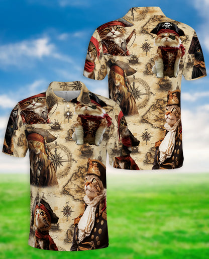 Pirate Cat 3D Polo Shirt for Men – Vintage Nautical Funny Cat Style | Azhobbyshop