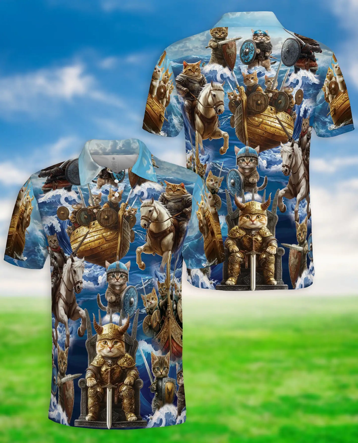 Fantasy Warrior Cat Polo Shirt – Epic Battle Cat Riding Print | Azhobbyshop