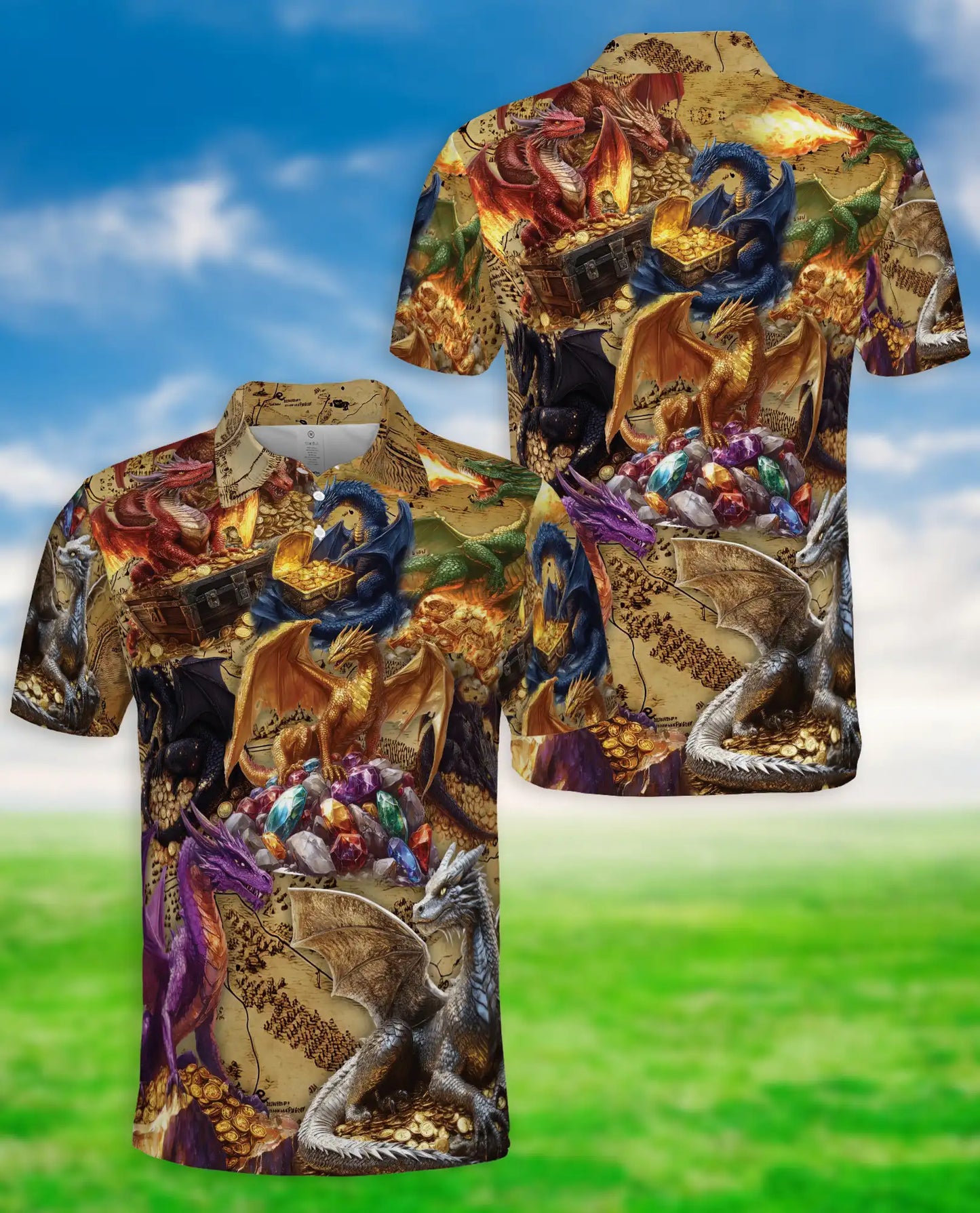 Fantasy Fire Dragon Treasure Hoard 3D Polo Shirt – Epic Dragon Art | Azhobbyshop