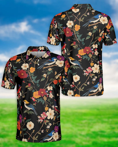 Bird Flower 3D Polo Shirt for Men – Vintage Floral Birds Hawaiian Style | Azhobbyshop