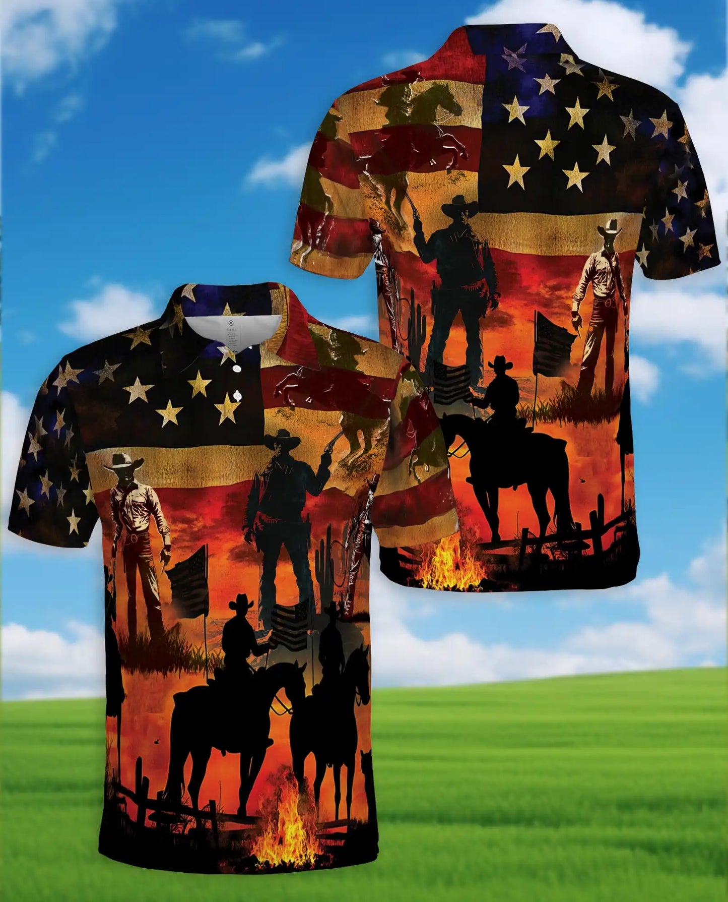 American Cowboy Patriotic Polo Shirt – Western USA Flag Sunset Print | Azhobbyshop