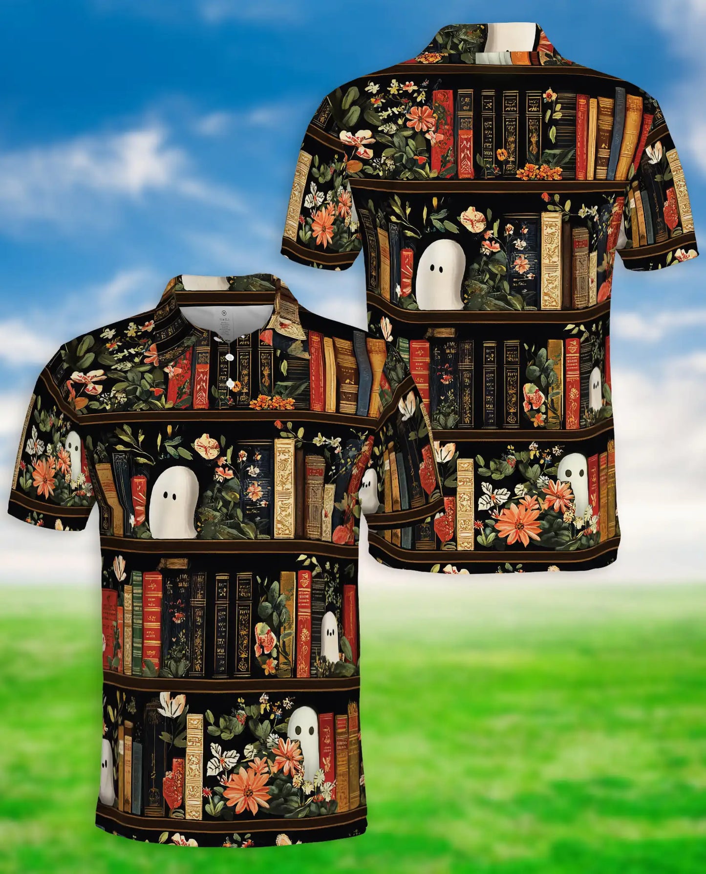 Library Ghost 3D Polo Shirt for Men – Spooky Book Lover Style | Azhobbyshop