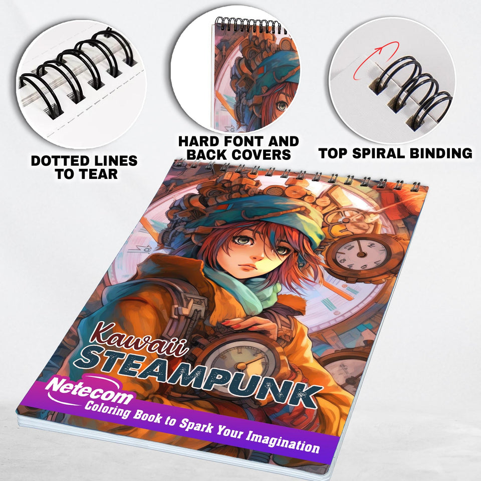 Kawaii Steampunk Girls Spiral Bound Coloring Book, Embark on a Coloring Journey with 30 Pages of Adorable Steampunk Girls in a Whimsical World
