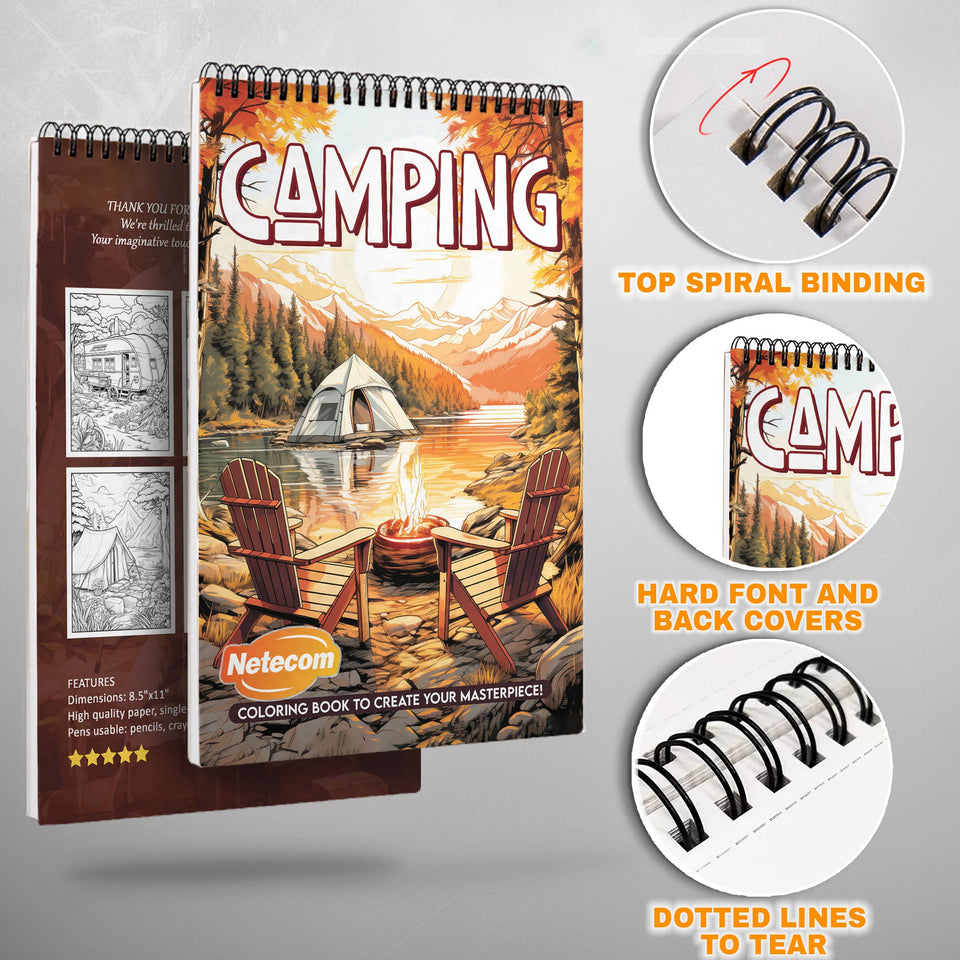 Camping Spiral Bound Coloring Book, Serene Camping Scenes for Outdoor Enthusiasts, Great for Nature Lovers Seeking a Peaceful Art Escape