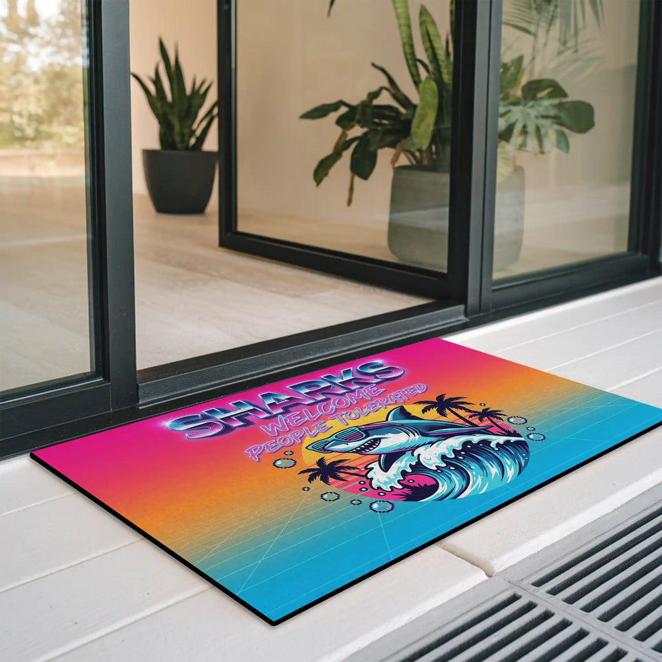 Retro Shark Doormat – Neon Sunset Shark Welcome Mat
