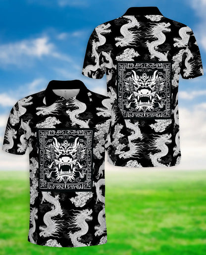 Japanese Dragon Sakura 3D Polo Shirt – Black White Oriental Art | Azhobbyshop