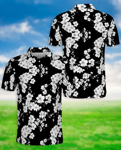 Black White Floral Polo Shirt – Japanese Sakura Hawaiian Style Shirt | Azhobbyshop