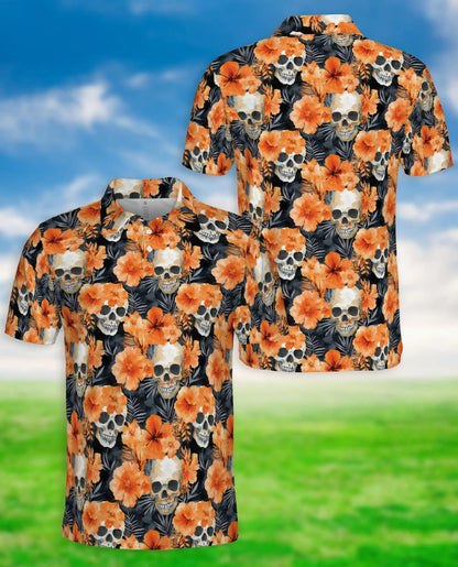 Orange Skull 3D Polo Shirt for Men – Tropical Floral & Skull Print | Azhobbyshop