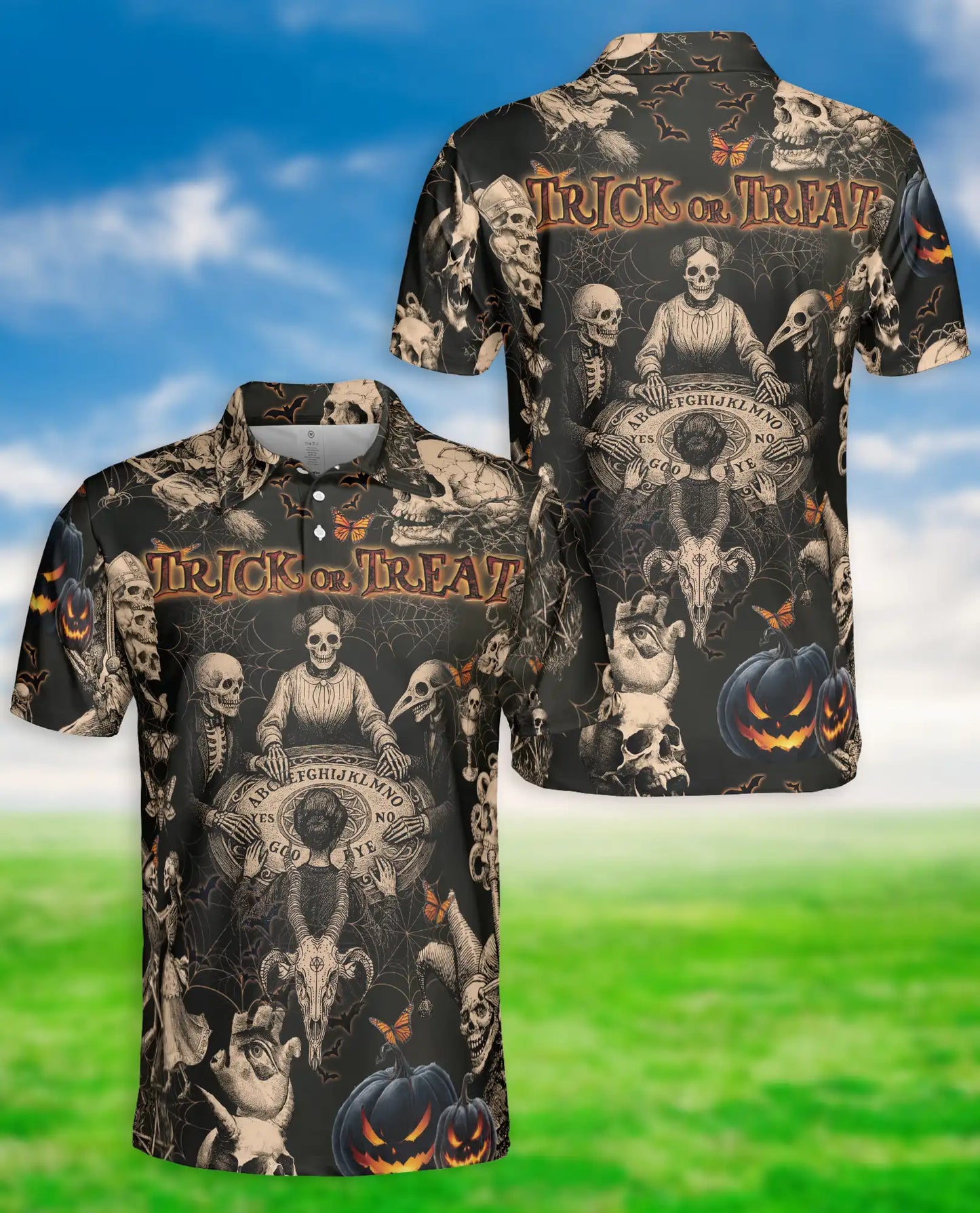 Trick or Treat Skull 3D Polo Shirt for Men – Halloween Gothic Horror Style | Azhobbyshop