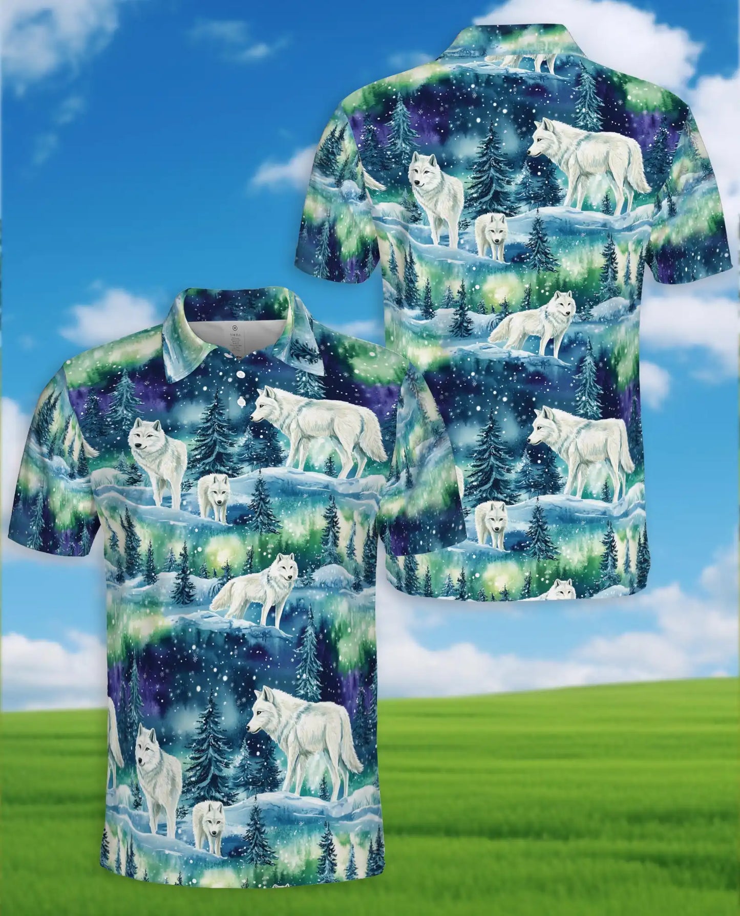 Arctic Wolf Aurora 3D Polo Shirt for Men – Northern Lights Winter Scene | Azhobbyshop