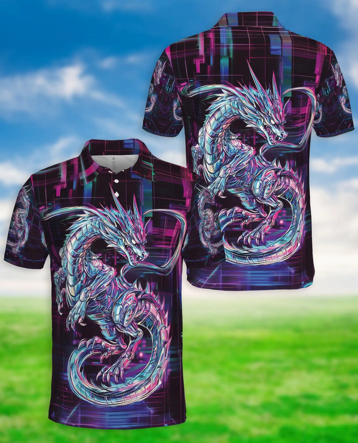 Cyberpunk Dragon 3D Polo Shirt for Men – Futuristic Neon Fantasy Style | Azhobbyshop