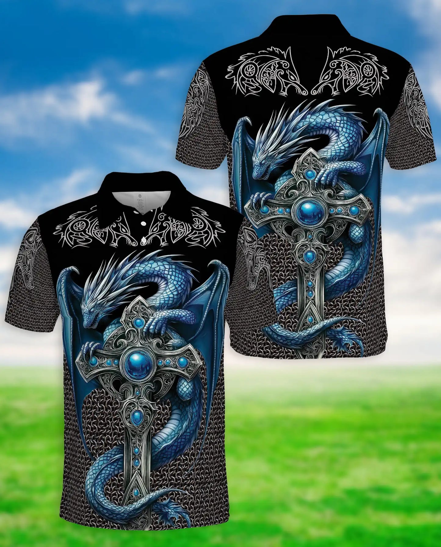 Ice Gothic Dragon 3D Polo Shirt for Men – Dark Fantasy Mythical Style | Azhobbyshop
