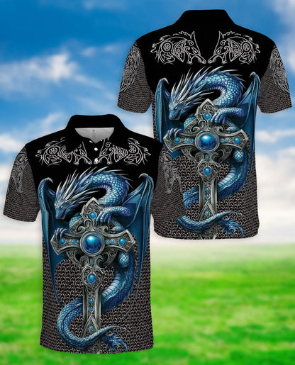 Ice Gothic Dragon 3D Polo Shirt for Men – Dark Fantasy Mythical Style | Azhobbyshop
