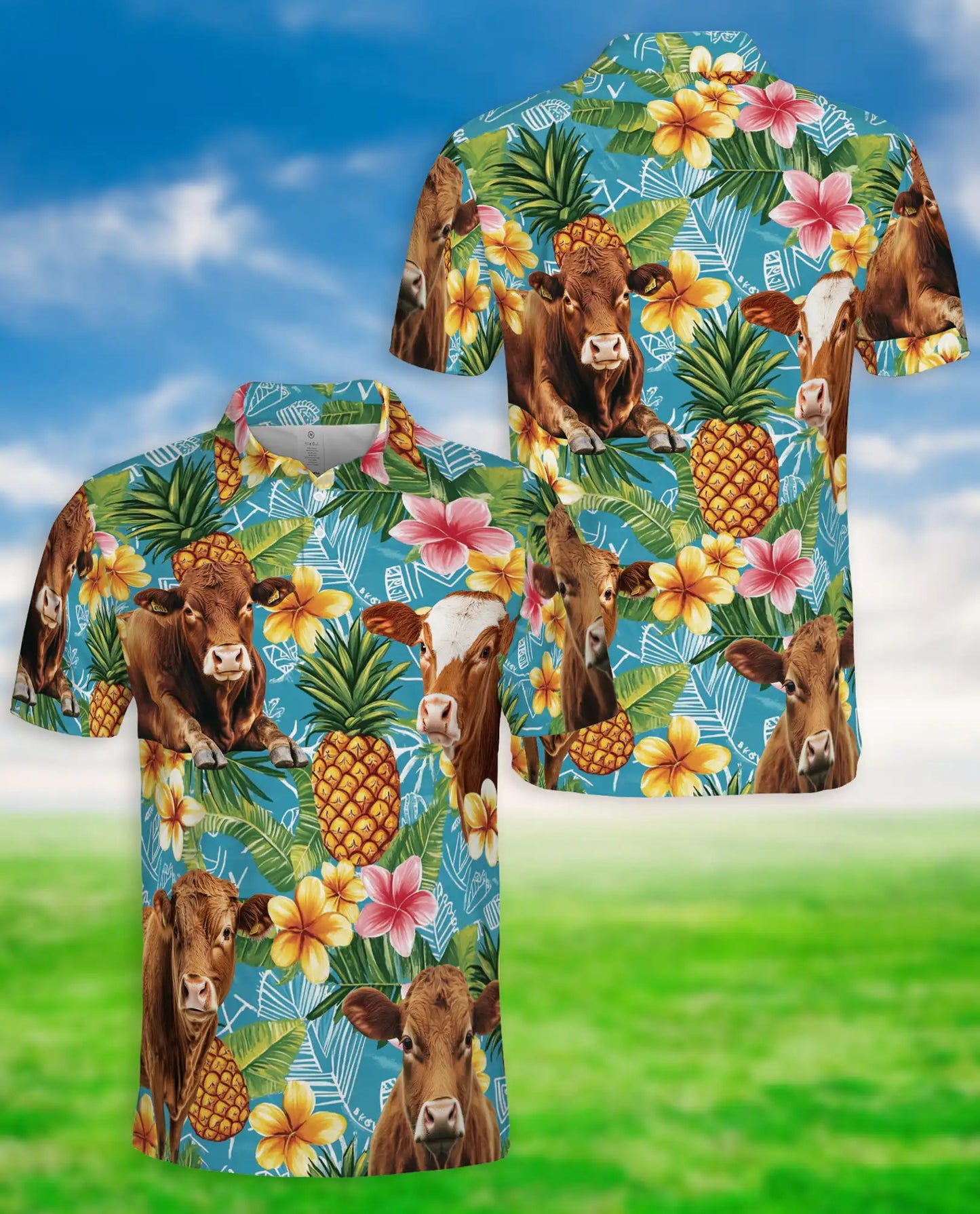 Cow Tropical Pineapple 3D Polo Shirt for Men – Farm Animal Hawaiian Style | Azhobbyshop