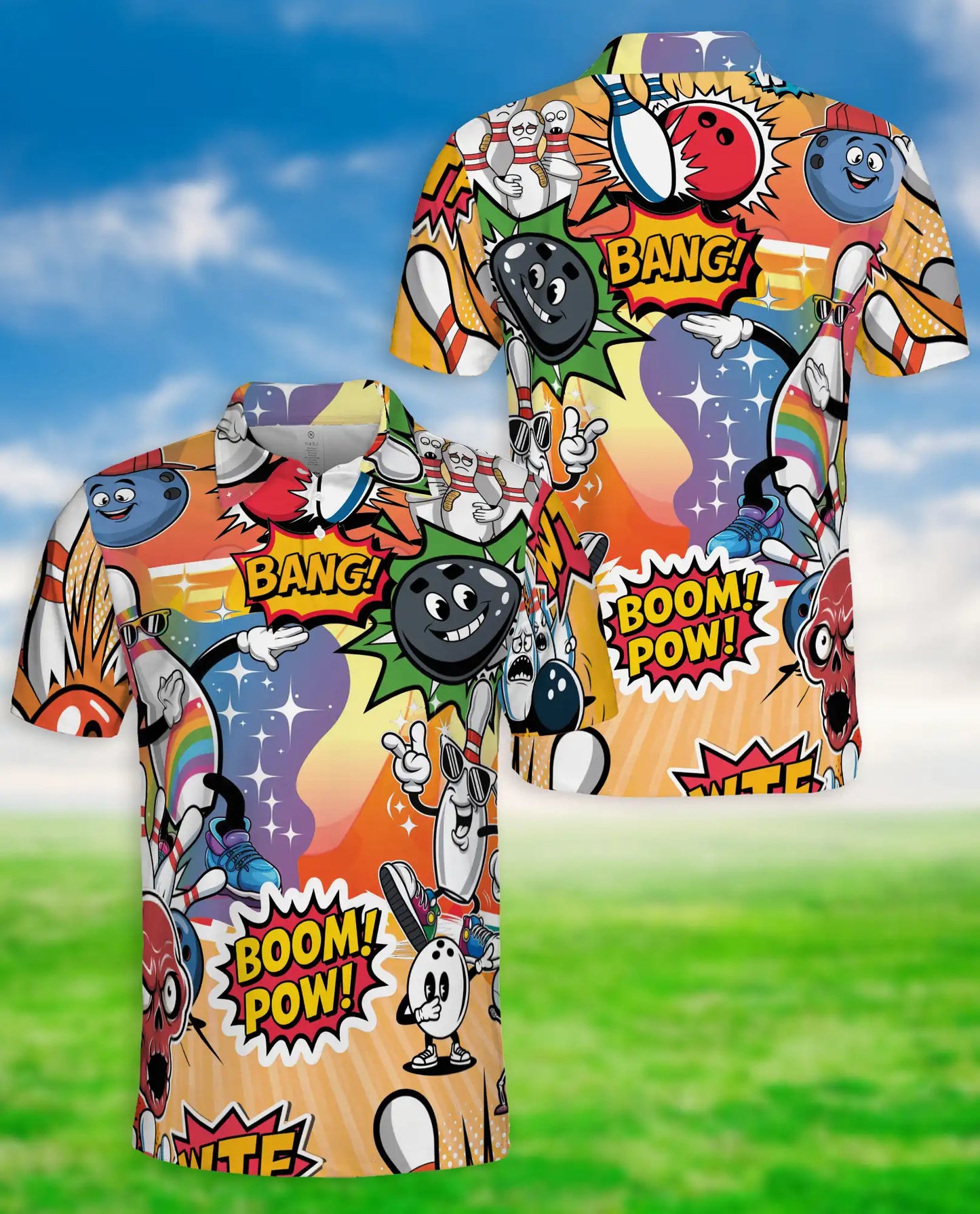 Comic Bowling Polo Shirt -Boom Pow Funny Bowling Graphic Shirt | Azhobbyshop