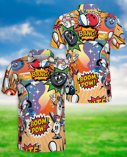 Comic Bowling Polo Shirt -Boom Pow Funny Bowling Graphic Shirt | Azhobbyshop