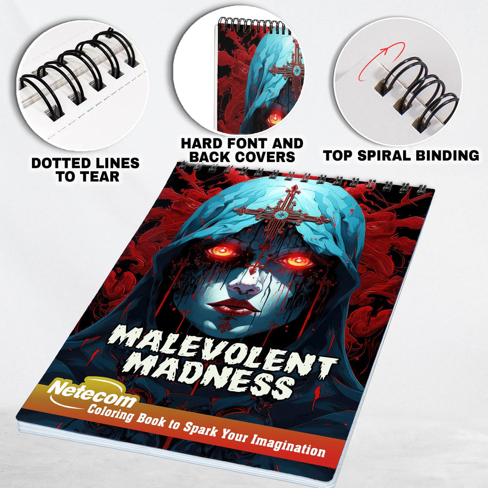 Malevolent Madness Spiral Bound Coloring Book, Explore the Twisted Realms of Malevolent Madness Through Intricate Coloring