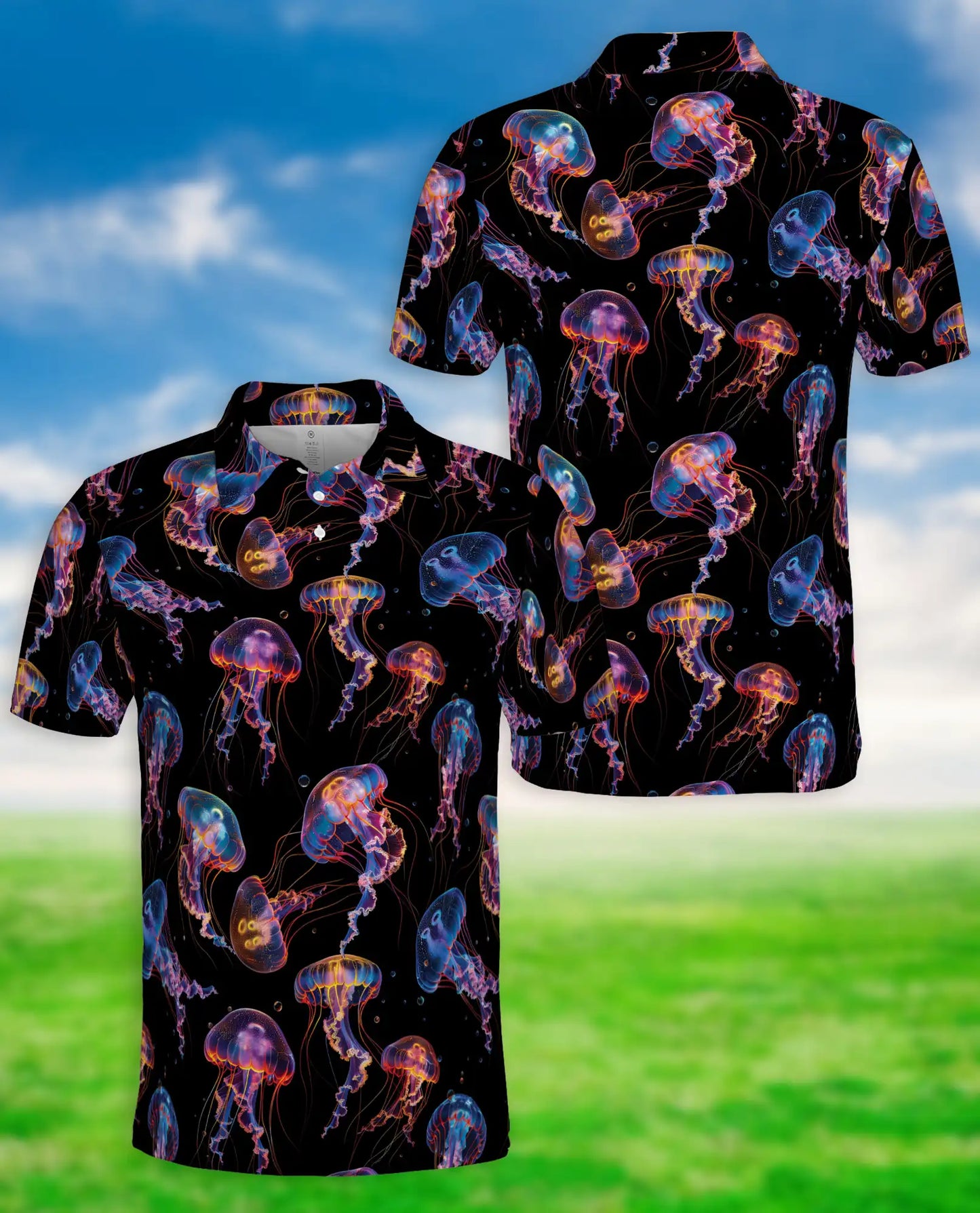 Neon Jellyfish 3D Polo Shirt for Men – Glowing Ocean Art Style | Azhobbyshop