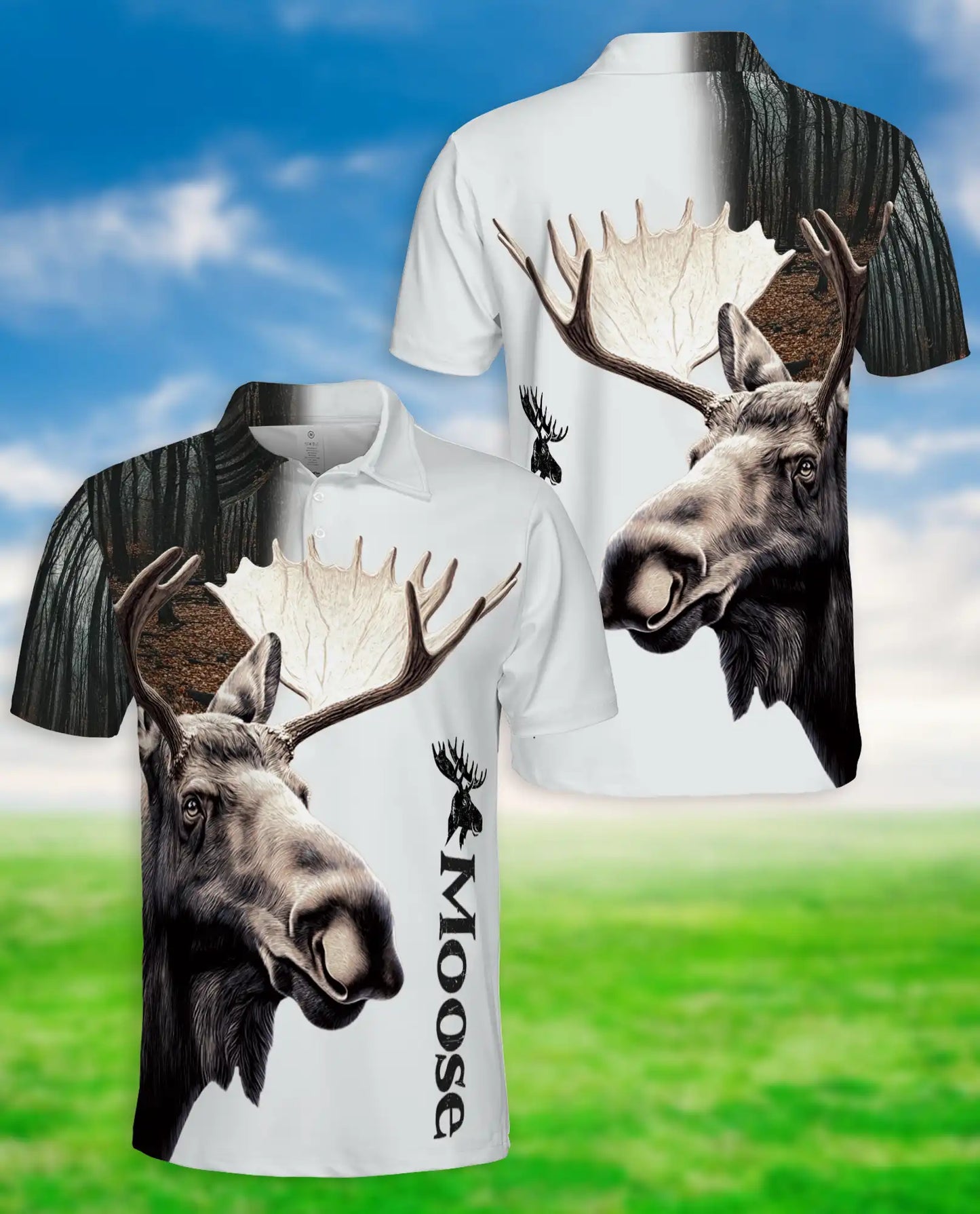 Moose Forest Polo Shirt – Wildlife Elk Graphic Nature Print | Azhobbyshop